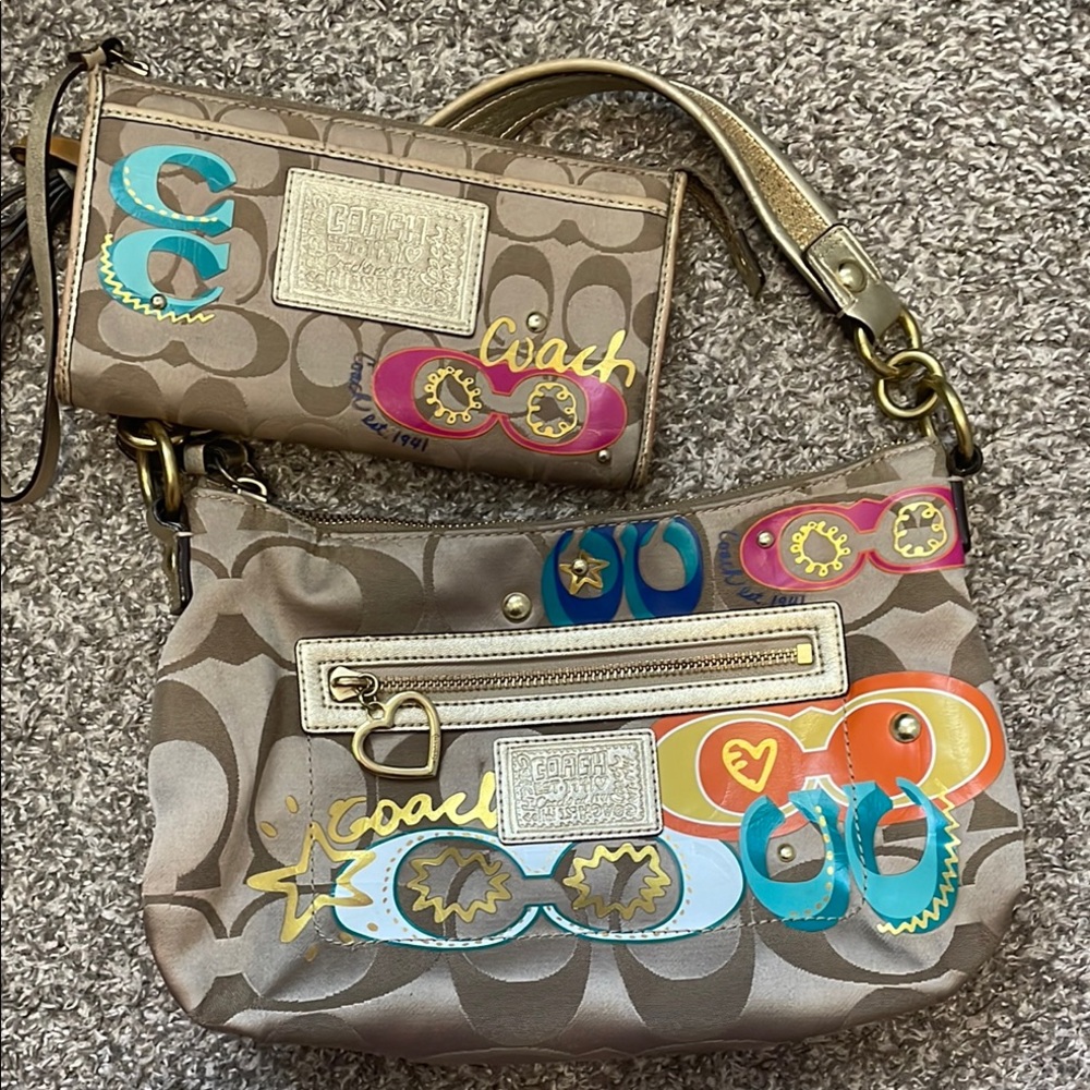 Coach Brown Clutch with Signature Print and Gold Hardware